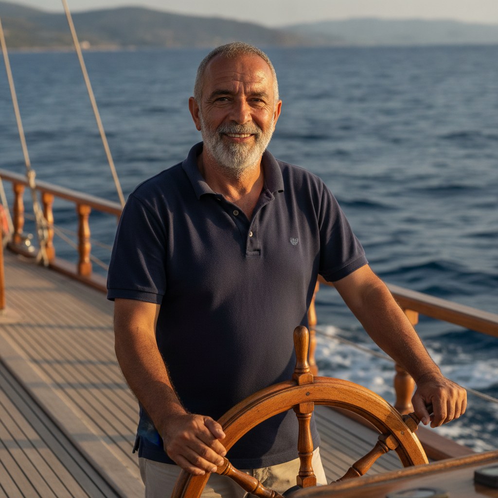 Kaptan Rıza Tuncer, dümen başında, Gökova körfezi arka planda