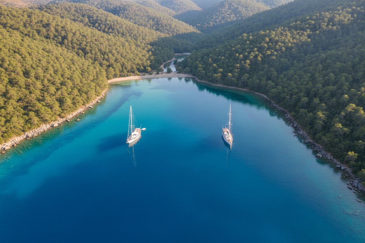 İngiliz Limanı'nda demirli gulet, çam ormanıyla çevrili sakin körfez