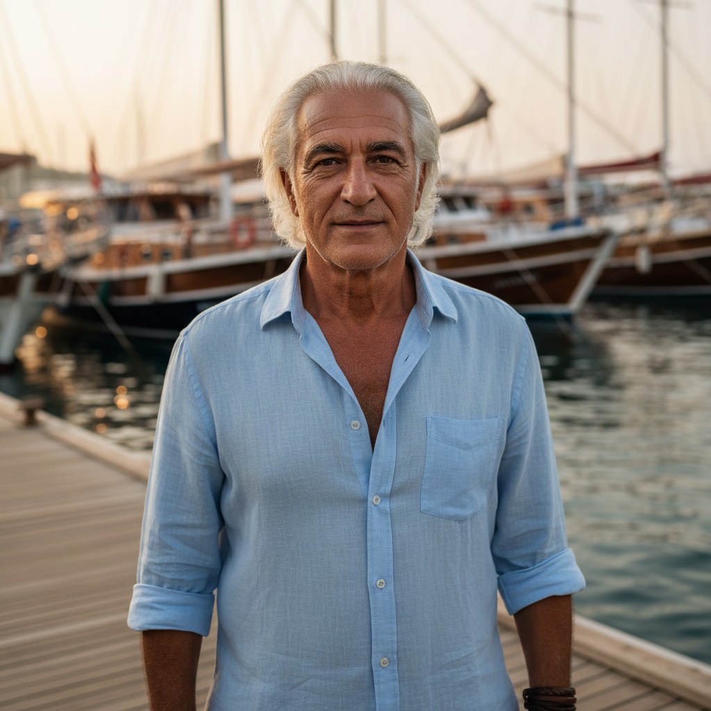 Kurucu Selim Barın, iskelede gulet önünde